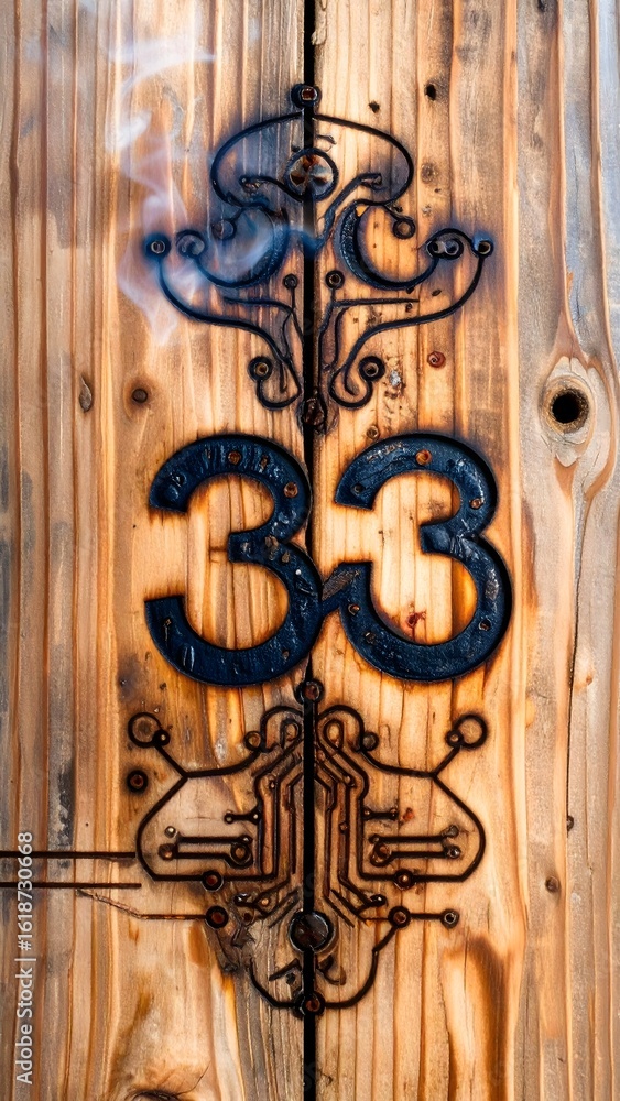 Intriguing wooden door adorned with number thirty three and circuit board-like patterns crafted through pyrography, creating a rustic yet tech-inspired aesthetic Intriguing wooden door adorned with number thirty three and circuit board-like patterns crafted through pyrography, creating a rustic yet tech-inspired aesthetic