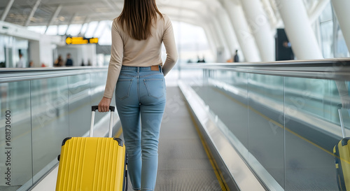 Woman walking with yellow suitcase at airport travel vacation journey