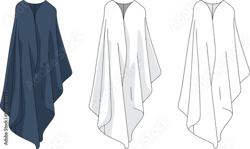 Fashion sketch, poncho design illustration, cloak garment styles, layered shading, front view, colored version, line drawing, apparel concept art