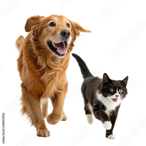 Happy golden retriever dog and black and white cat running together isolated on transparent background