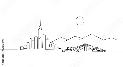 Continuous line vector of bif city and nature landscape together. Ecology and pollution concept. Urban and natural environment mix. Accessability of woods and parks close to city life
