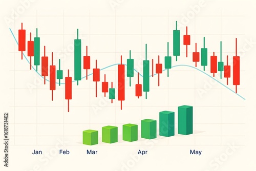 Five-Month Candlestick Chart with Volume Bars Indicating Market Trends from January to May

