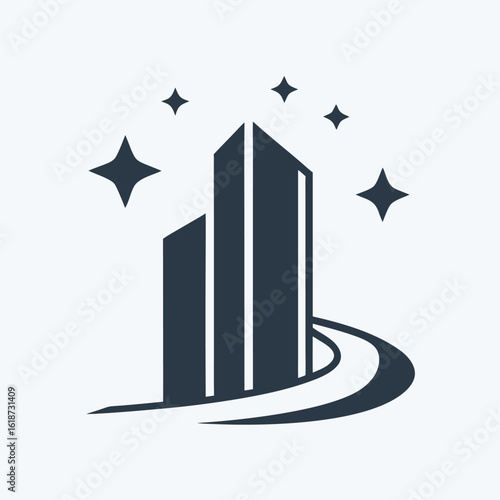 Dark blue skyscraper with curved road and sparkling stars on white background building architecture