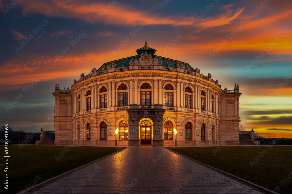 Obraz premium Ornate building facade illuminated against dramatic sunset sky