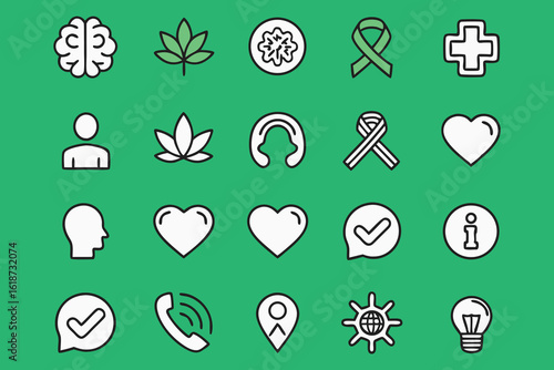 Mental Health and Wellness Icon Set Representing Brain, Cannabis, Support, and Healthcare Services