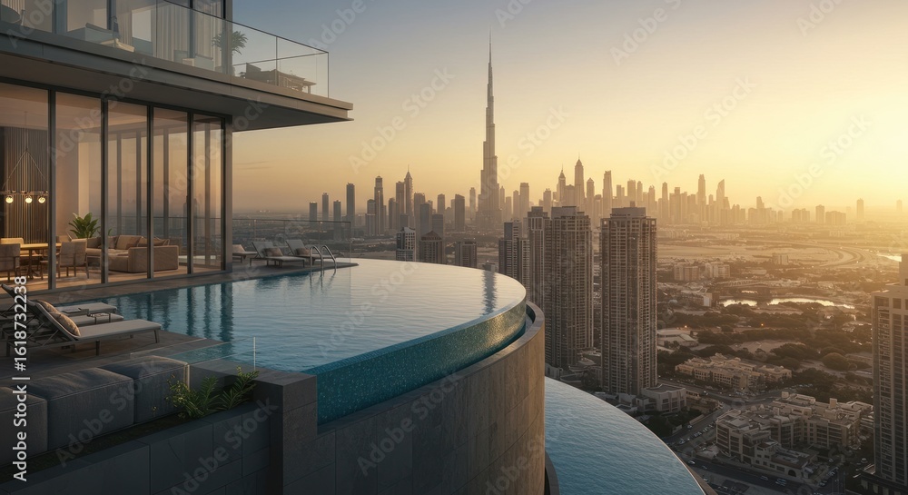 Obraz premium Luxurious high-rise infinity pool overlooking a sprawling cityscape at sunset.