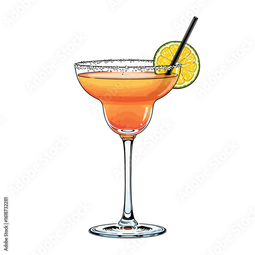 Colorful classic margarita cocktail with straw and lime slice for garnish, vector illustration. Summer, vacations, weekend and holidays. Bars and restaurants drink menu	