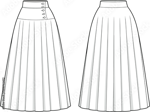 Full-length pleated skirt fashion sketch, high waistband design with buttons, technical drawing comparison, stylish garment illustration, sewing pattern concept