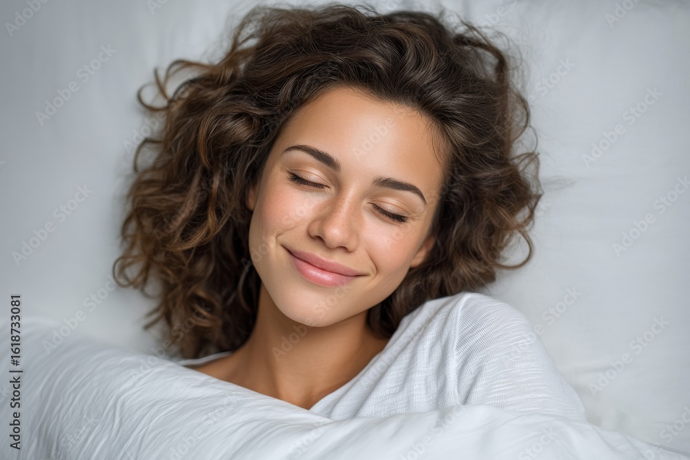 Young caucasian female relaxing in bed with a peaceful expression and curly hair Young caucasian female relaxing in bed with a peaceful expression and curly hair
