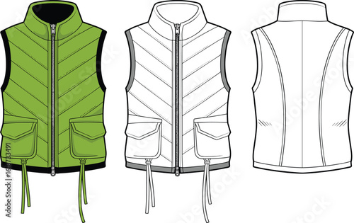 Green sleeveless vest design, black side panels, front zipper, flap pockets, drawstring waist, fashion sketch, front and back view