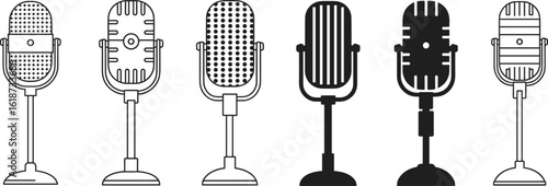 Vintage microphone icon set, retro audio equipment graphics, sound recording symbols, classic mic illustrations, vector art, broadcast design elements