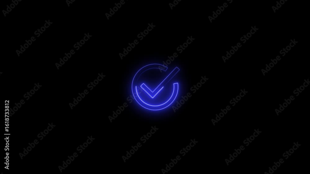 Neon Correct Glowing neon tick mark in circle on black background. Check mark ...