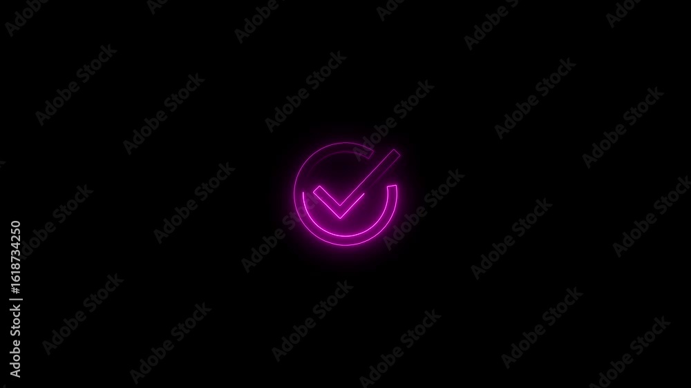 Neon Correct Glowing neon tick mark in circle on black background. Check mark ...