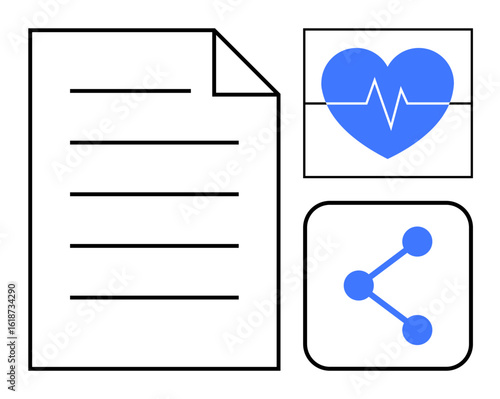 Document icon alongside a blue heart with a heartbeat line and a share icon. Ideal for health data, communication, sharing, healthcare apps, technology, monitoring, simple landing page