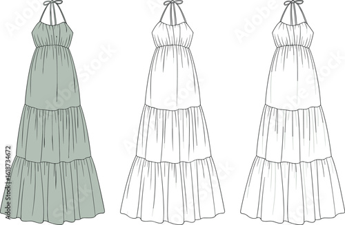 Halter-neck tiered maxi dress illustration, fashion design concept, flowy silhouette, design variations, elegant summer wear, green dress option