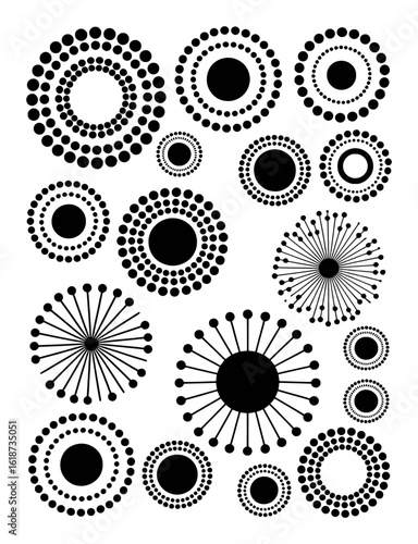 Black circular dot patterns and radial designs white