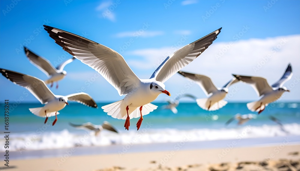 Obraz premium Gulls in flight over a beach