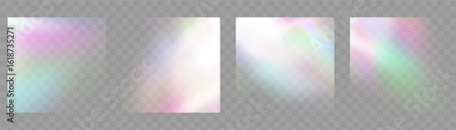 Crystal prism light flare background,transparent rainbow overlay with diamond neon glare effect and iridescent blur.