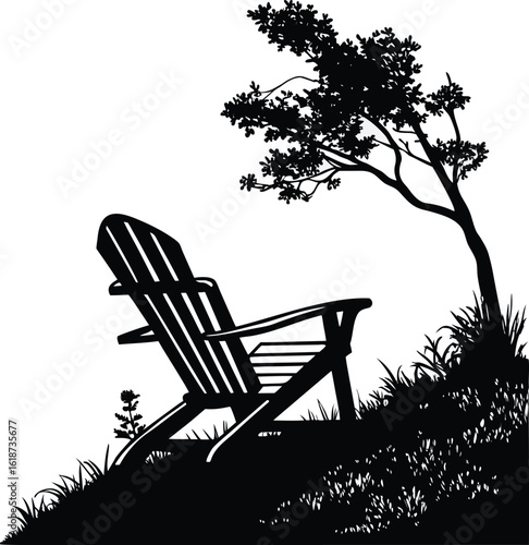 Charming illustration of a classic wooden rocking chair situated peacefully in a lush sunlit garden setting with blooming flowers and greenery