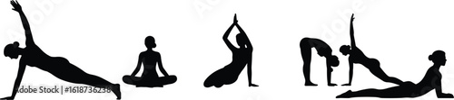 yoga pose silhouettes, women in yoga positions, meditation vector, stretching clipart, fitness yoga silhouette, black yoga figures, yoga body exercise illustration