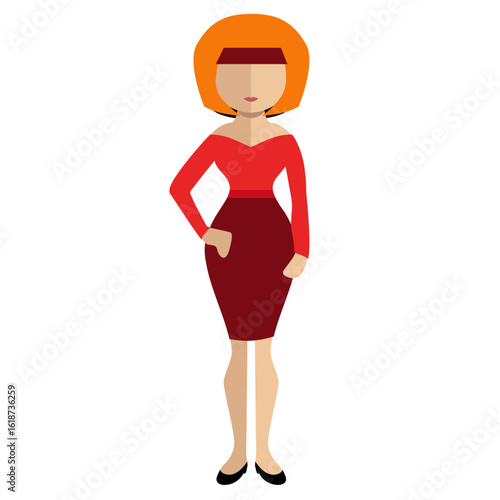 a vector illustration of a woman with short hairs, top and pencil skirt, faceless character	