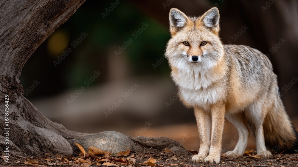 Fototapeta premium Intriguing fox gazes at the viewer while relaxing beside a tree in a vibrant, serene forest environment