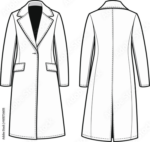 Long coat technical sketch, front and back view, notched lapel, button closure, fashion design, garment construction, sewing pattern template