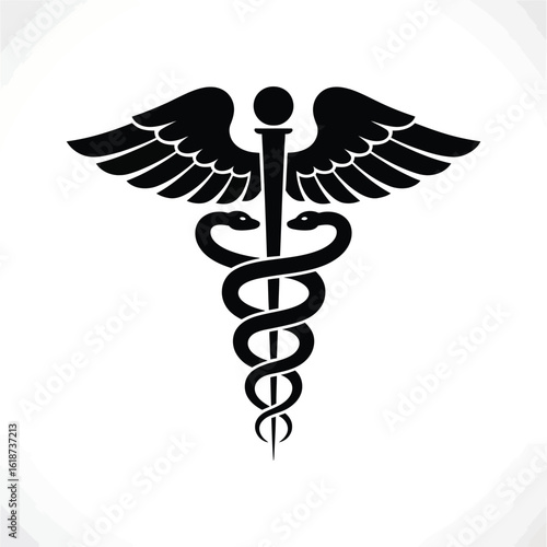Black caduceus medical symbol with wings on white background