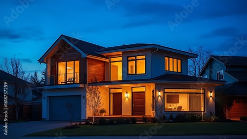 A modern house glowing warmly at dusk, surrounded by the soft light of twilight in a quiet neighborhood.