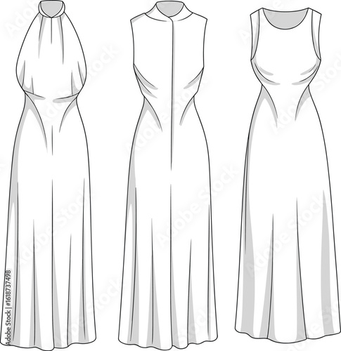 Long dress sketch, halter neckline, high collar, scoop neck, bodice details, fashion illustration, garment design, fabric folds, stylish wear