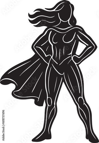 Powerful Female Superhero Silhouette with Cape – Strong Woman Standing Confidently in Bold Pose – Feminine Strength Illustration