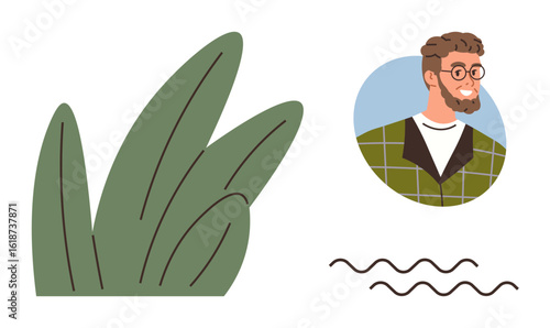 Young man with glasses, stylish beard, and checkered shirt in profile with green leaves and wavy lines. Ideal for lifestyle, eco-friendly, nature, art, creativity, self-expression communication