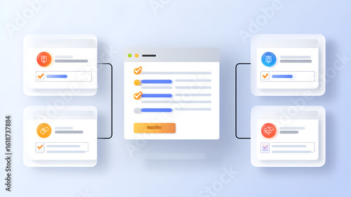 Workflow diagram showing a central panel connected to four peripheral panels with checkmarks