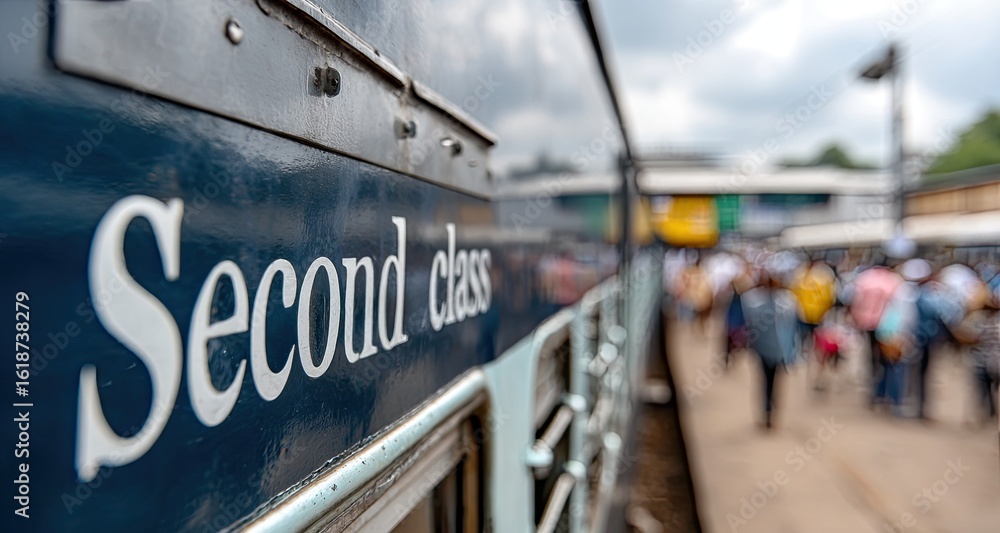 Obraz premium Passengers stroll next to a blue train with the designation for second class visible on the carriage door at a bustling railway station.