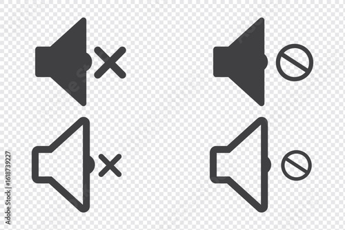 No Sound, Volume Off, Mute, Silence, Quiet Icon Set of Line and Silhouette Vector on White Background