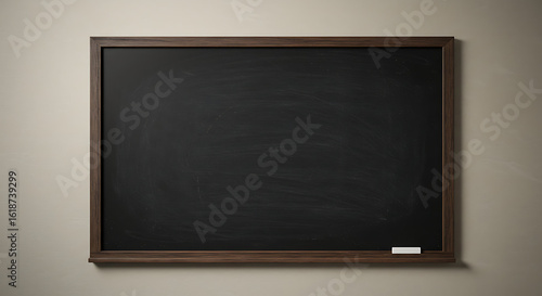 Empty blackboard with dark wooden frame and chalk. A clean, versatile blank canvas for education, creative designs, or presentations. Customizable space for text and graphic overlays.