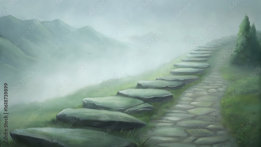 Fototapeta premium Serene stone path ascending misty mountain, ethereal landscape, digital painting.