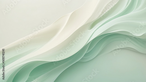 Abstract, flowing composition of translucent, layered silk in soft, muted greens and creamy whites. An elegant, serene, and minimalist design with gentle, organic movement.
