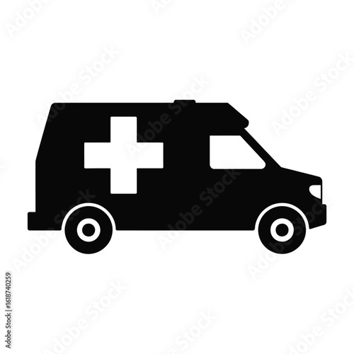 Black silhouette of an ambulance with a white cross symbol