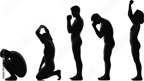 emotional silhouette illustration, prayer and hope posture, human despair outline, mental health concept art, spiritual gesture vector, kneeling figure clipart