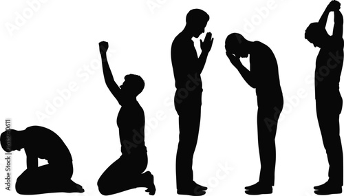 emotional expression silhouette, prayer pose illustration, man kneeling silhouette, worship and despair poses, spiritual struggle concept, meditation vector art