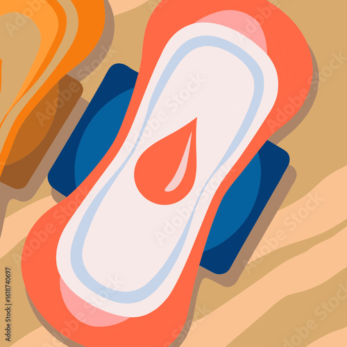 A close-up shot of a feminine sanitary pad with a prominent red droplet in the center, symbolizing absorption and protection. The pad lies on a white surface, surrounded by soft shadows that enhance i