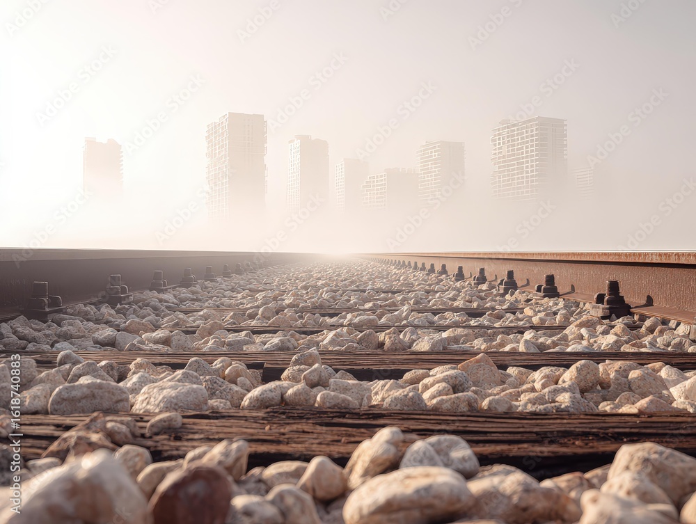 Obraz premium Misty Cityscape Railroad Tracks