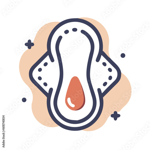 A close-up shot of a feminine sanitary pad with a prominent red droplet in the center, symbolizing absorption and protection. The pad lies on a white surface, surrounded by soft shadows that enhance i