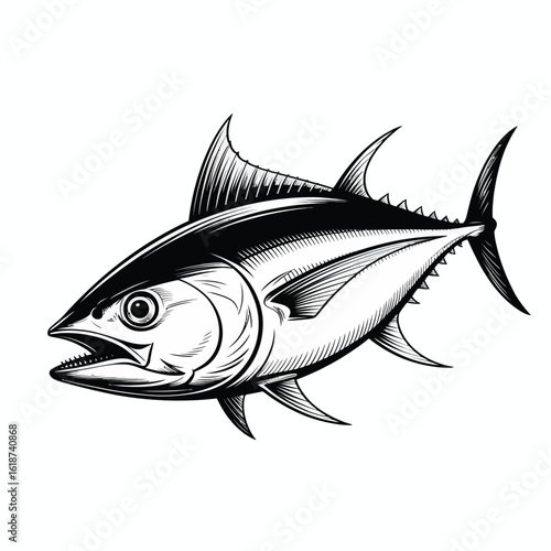 Detailed hand drawn illustration of a tuna fish in black and white