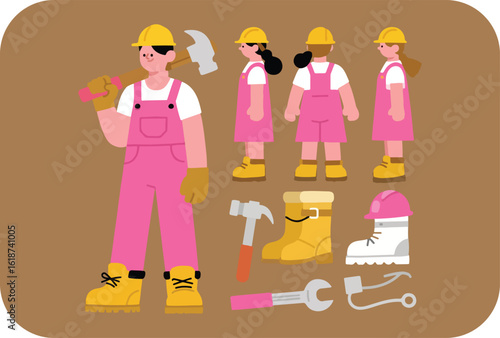 Diverse construction workers and tools illustrated with a focus on female representation in the building industry