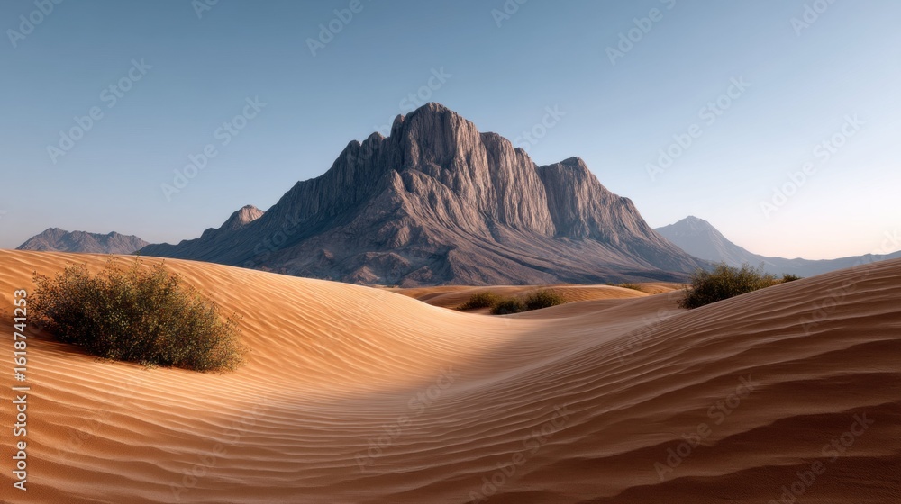 Naklejka premium Majestic Sunlit Desert Dunes Flowing Like Waves Serene Landscape Nature Photography Tranquil Atmosphere