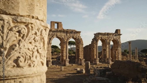 Roman carvings and stone arches at the ancient city of Volubilis, a UNESCO World Heritage Site