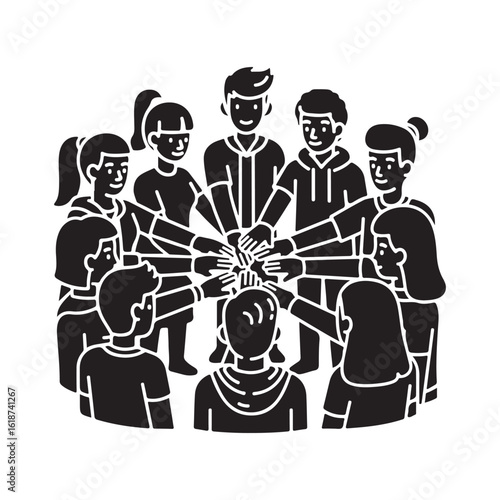 Team of people joining hands in a circle unity