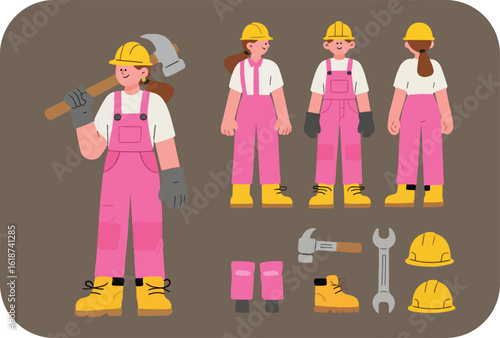 Diverse construction workers in pink overalls and hard hats showcasing tools and safety gear representing women in trades and skilled labor